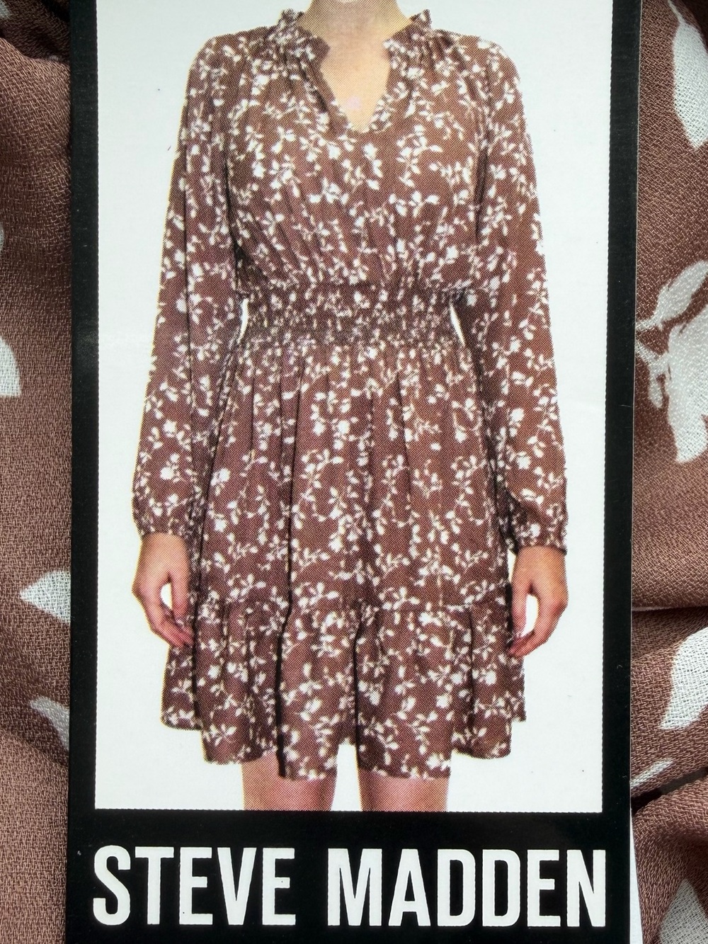Steve Madden Brown and White Floral Long-Sleeve Smocked Dress